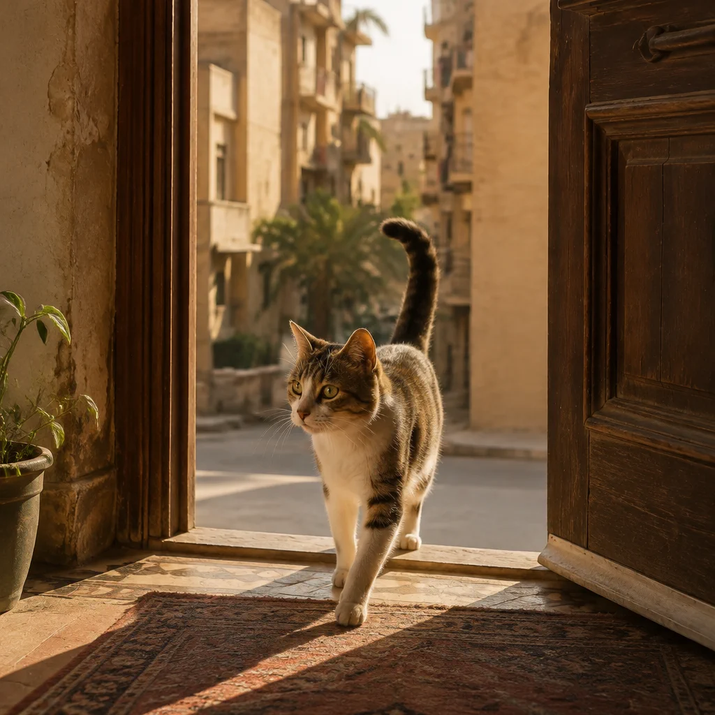 A tabby cat walking through an open doorway into a Cairo home.