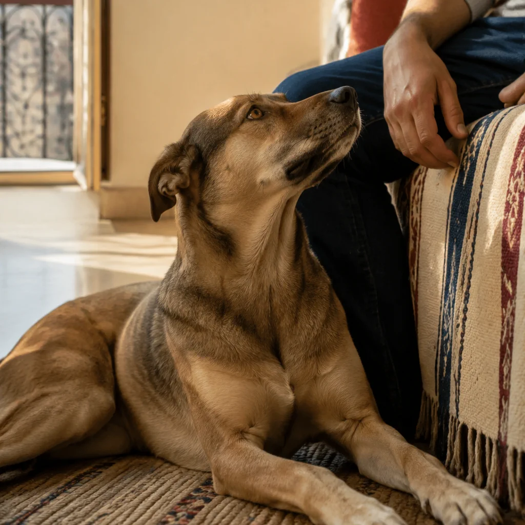 A person sitting beside a relaxed dog in a sunlit Cairo home.